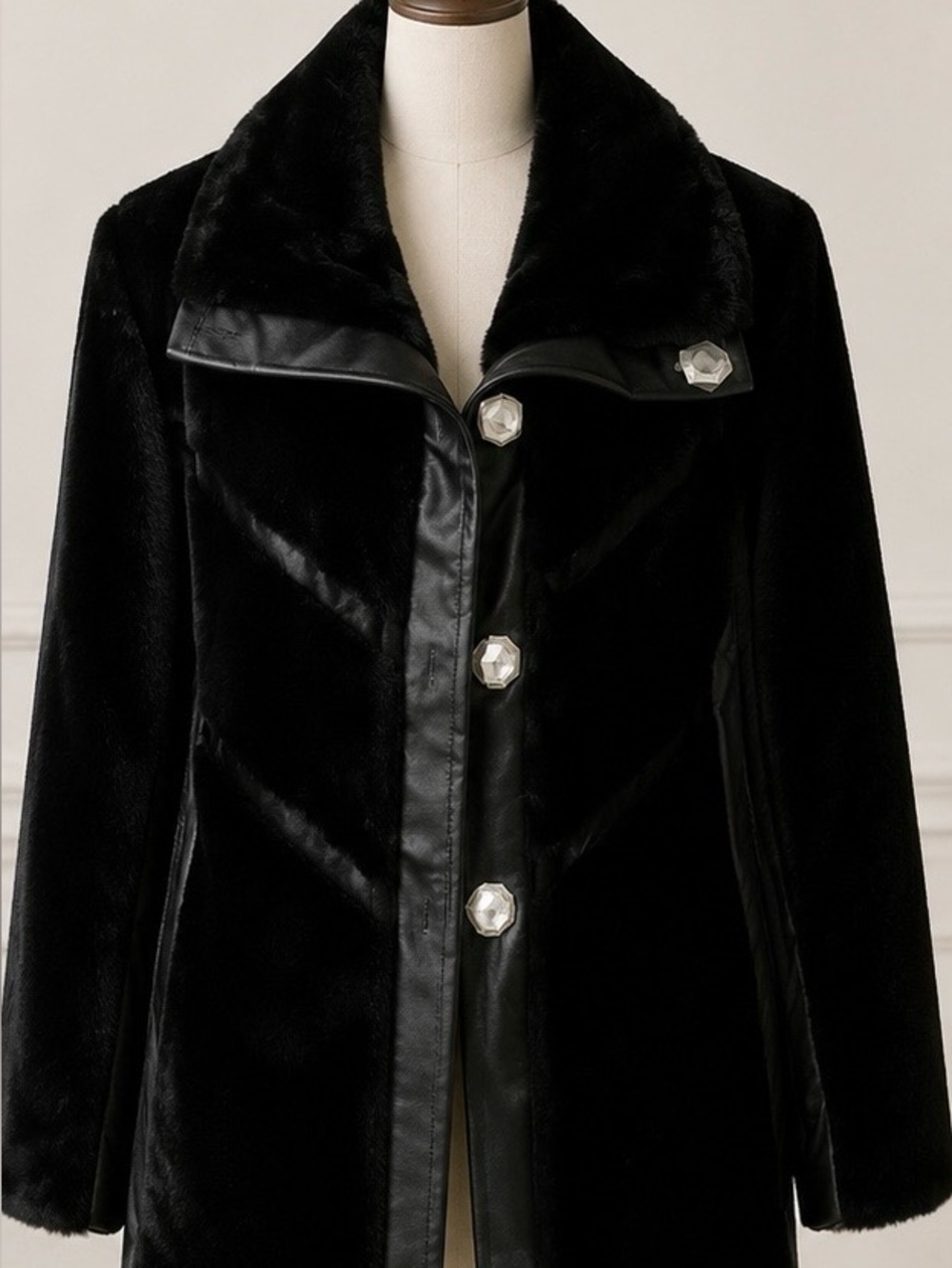 Classic Black Faux Fur Coat with leather trim and Decorative Buttons - size XS